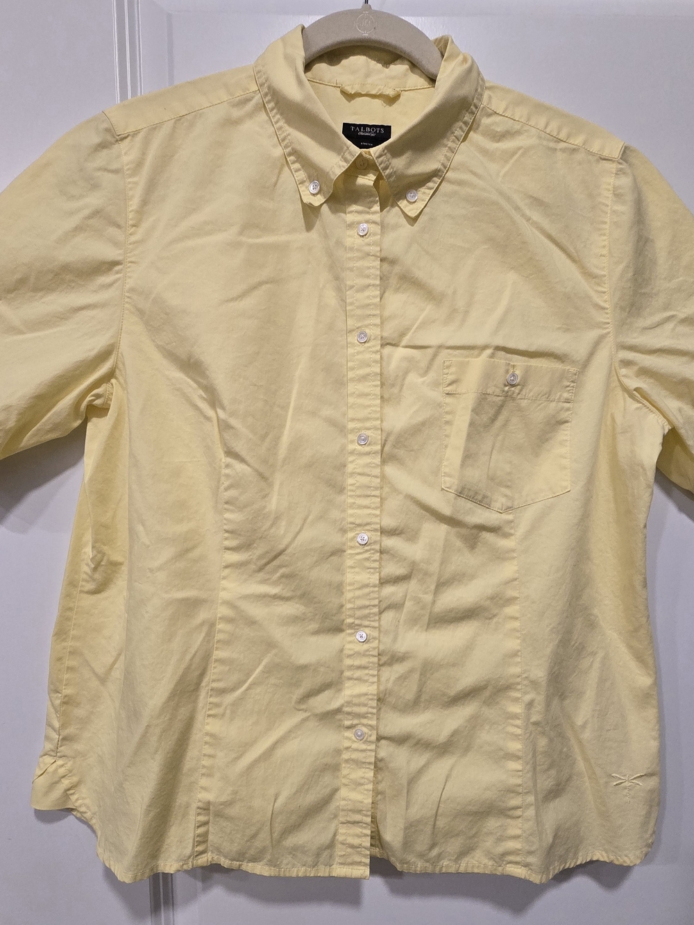 Talbots Pastel Lemon Yellow Short Sleeve Button Front Blouse Top Elbow Sleeve L